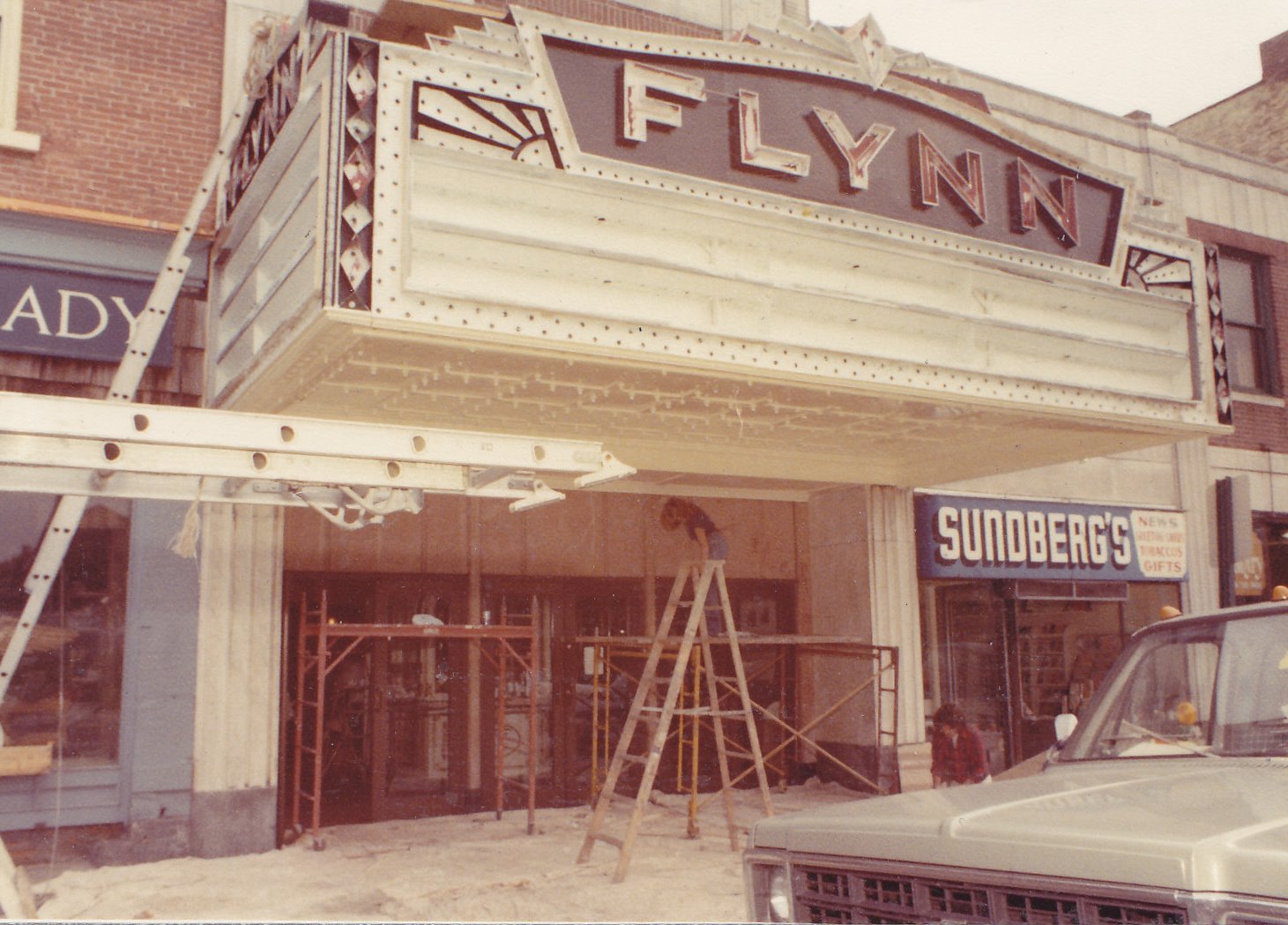 Historic image of the Flynn marquee during restorations in 1981.