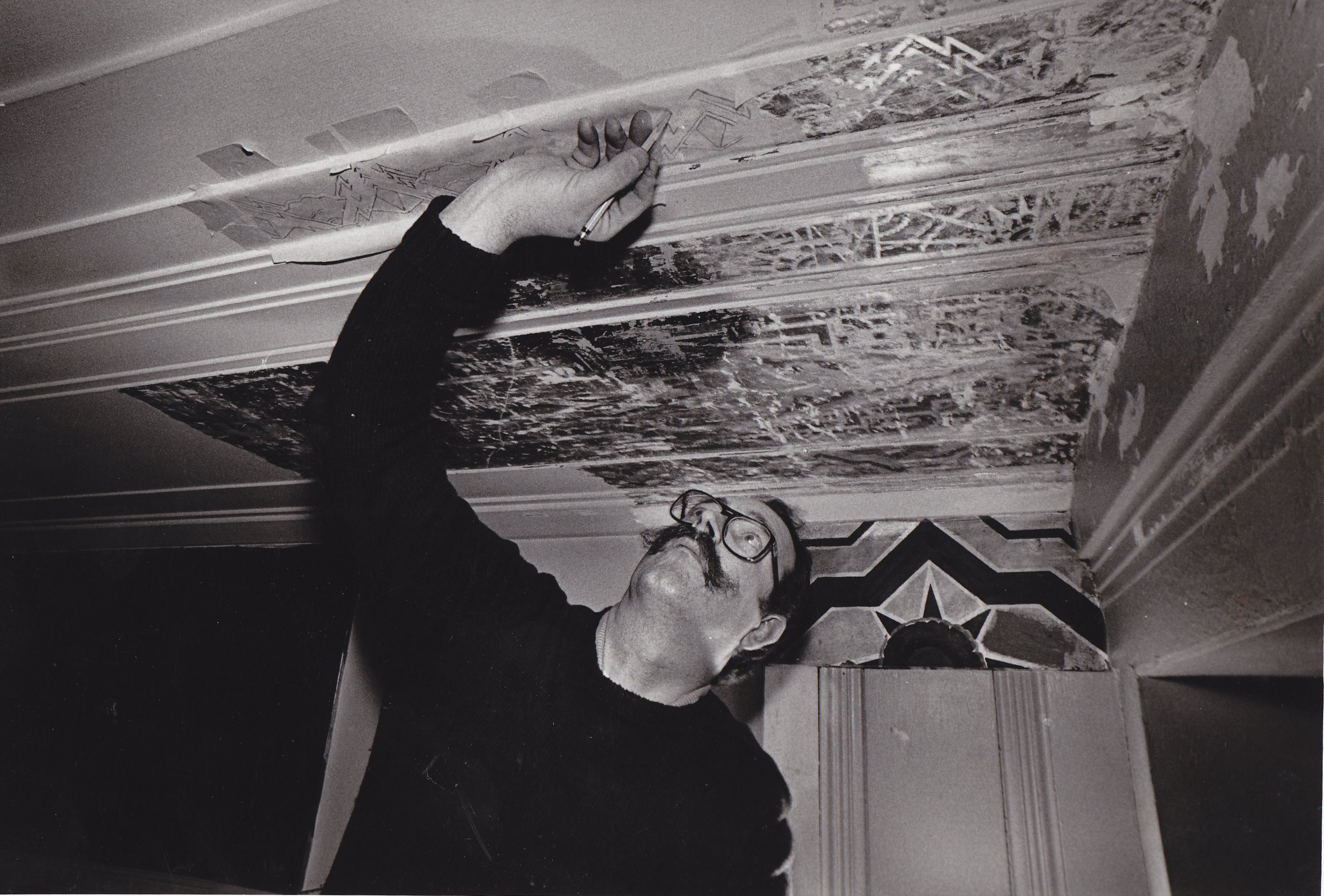 Historic image of the restoration of the Art Deco ceilings.