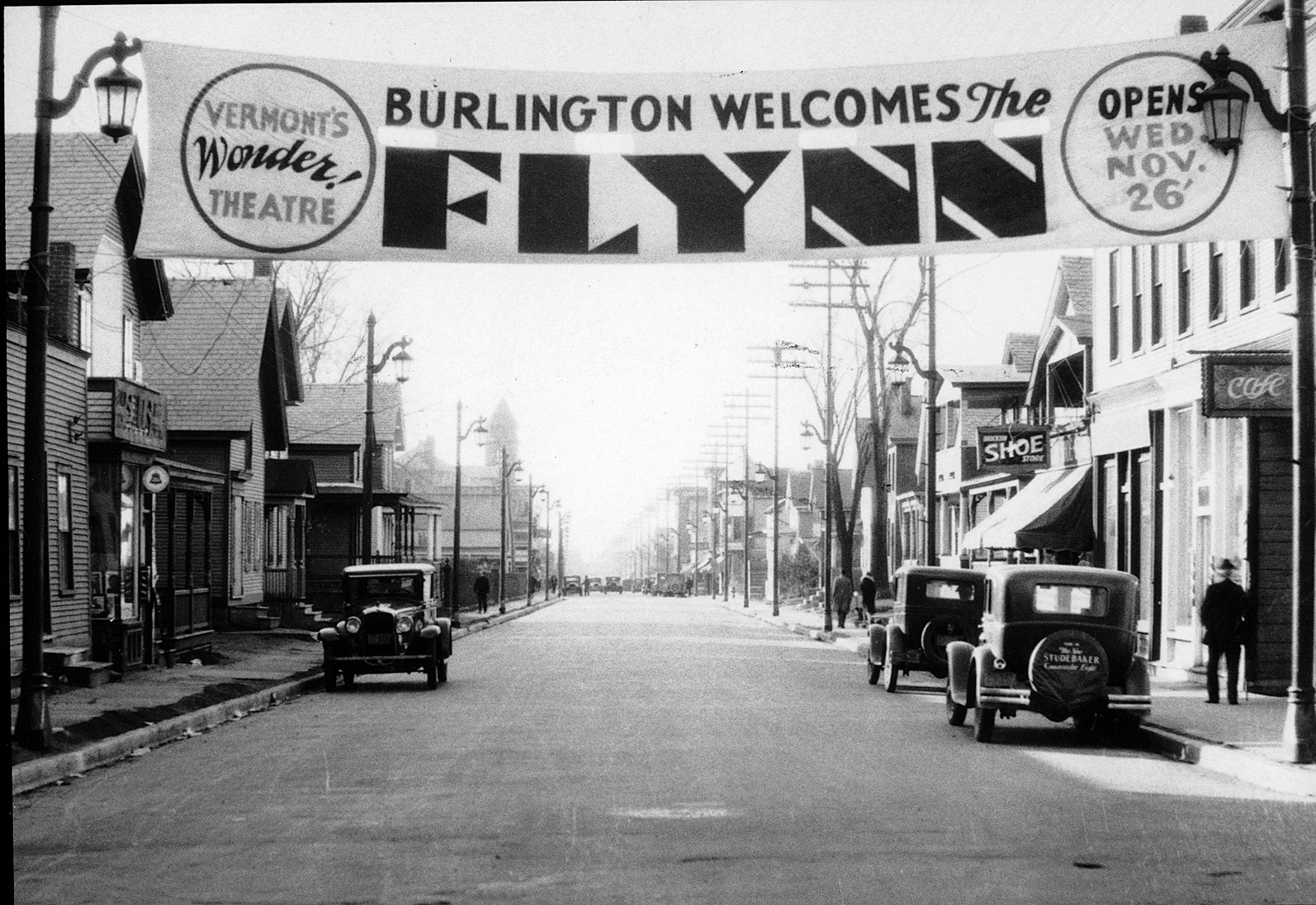Historical picture of Burlington with the Flynn Wonder Theatre banner over the street.